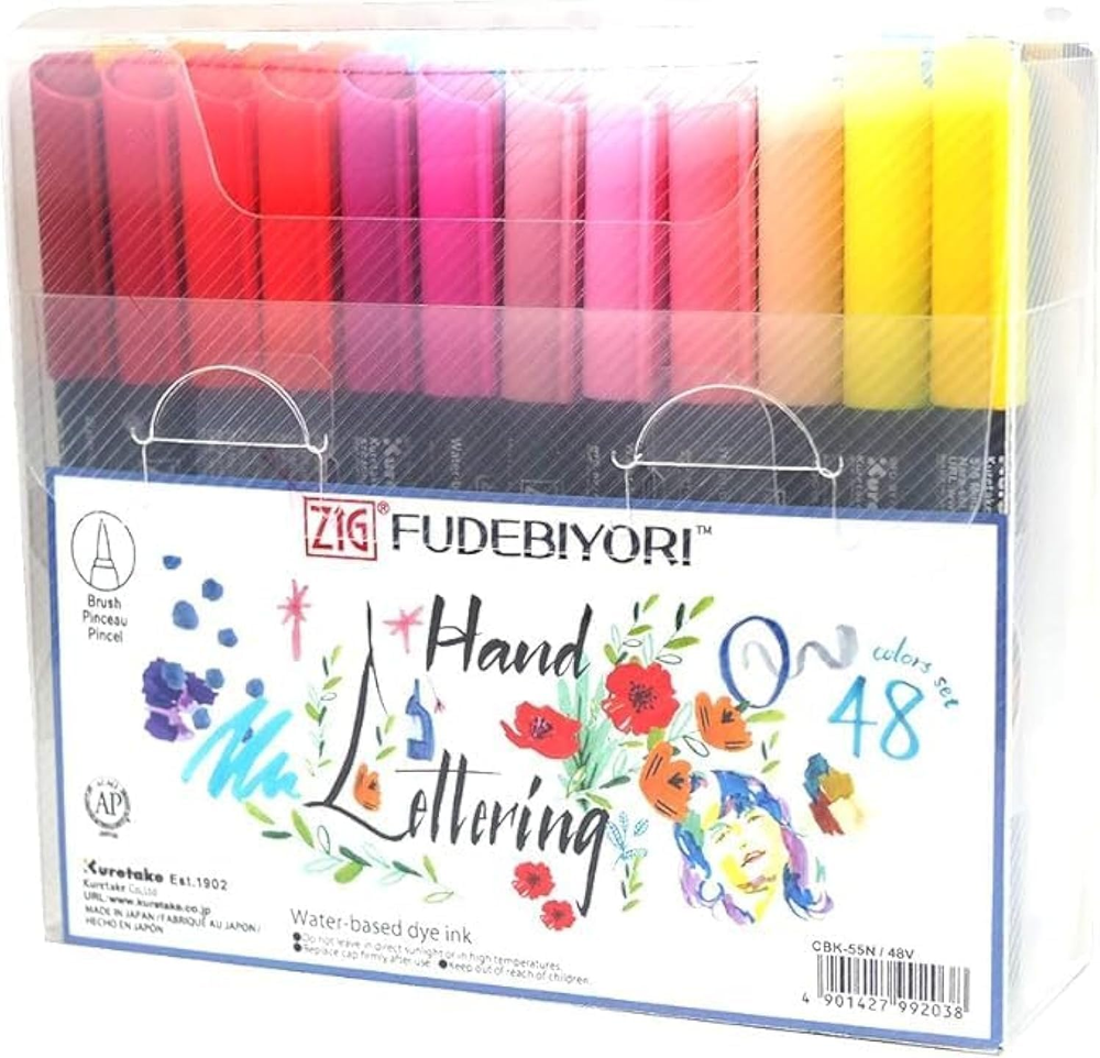 ZIG FUDEBIYORI Brush Pens 48 Colors Set, Ap-Certified, Odourless, Xylene Free, F