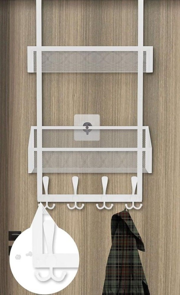 Over The Door Organizer Hanger 12 Hooks & 2 Mesh Baskets Metal White