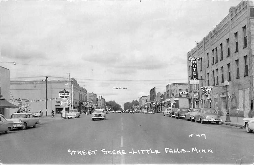 1958 Little Falls Minnesota Street Scene Gas Station autos RPPC Postcard 25-8904