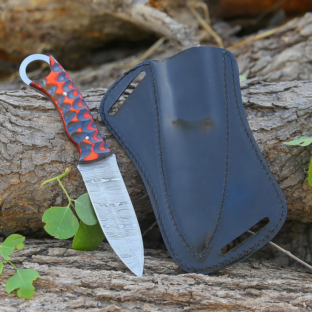 Damascus Steel Fixed Blade Hunting Knife with Belt Sheath for Bushcraft and EDC
