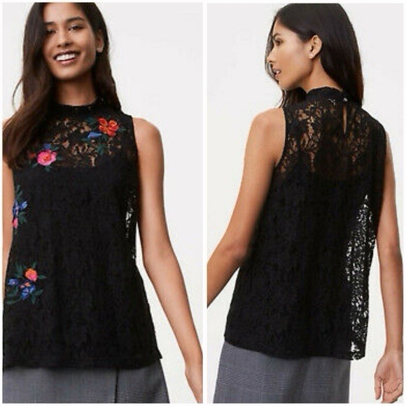 LOFT Black Lace Floral Embroidered Sleeveless Top Size M Boho