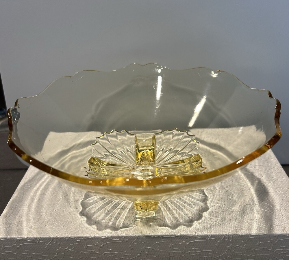 Lancaster Carol Pattern Topaz Yellow Depression Glass Footed Bowl 10.5 Inch