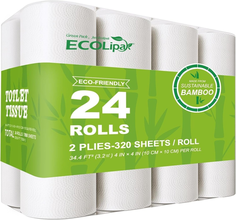 ECOLipak Bamboo Toilet Paper 24 Double Rolls 320 Sheets Septic Safe Soft Tissue