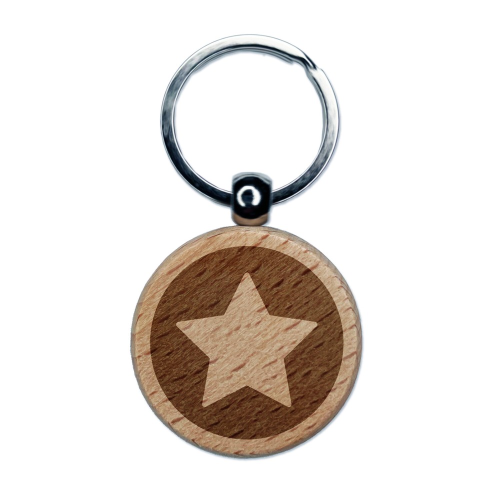 Star in Circle Engraved Wood Round Keychain Tag Charm