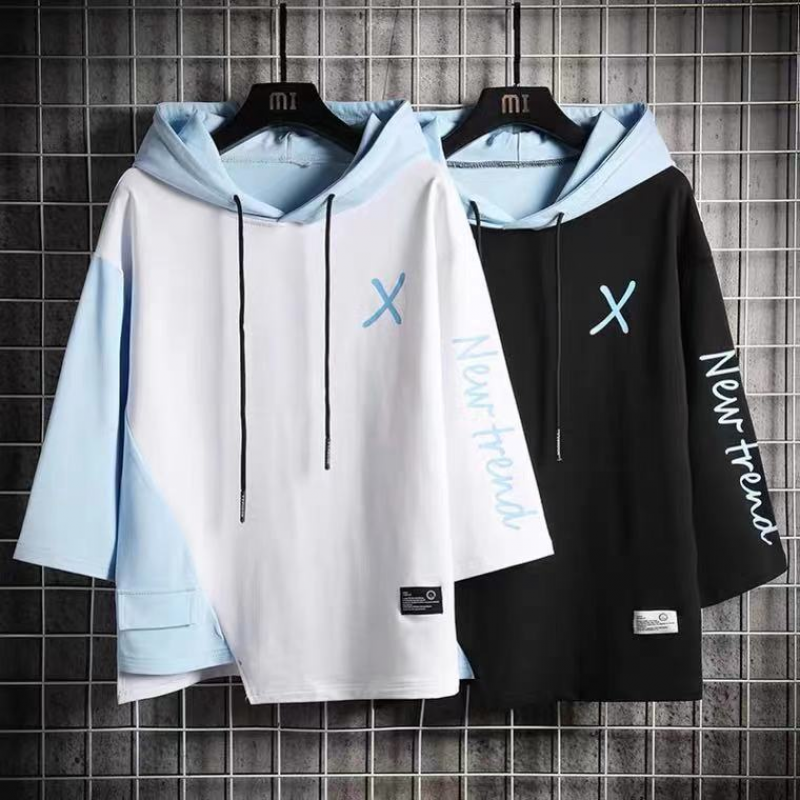 Men's Summer Stitching Loose Fashion Hip Hop Hooded Short Sleeve T-shirt Top