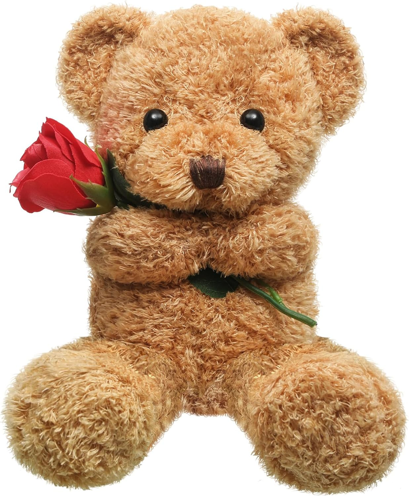 Valentine's Beige Plush Bear with Rose Gift 11.8 Inches