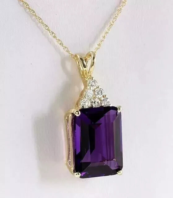 Emerald Cut Simulated Amethyst Womens Pendant 14K Yellow Gold Plated with Chain