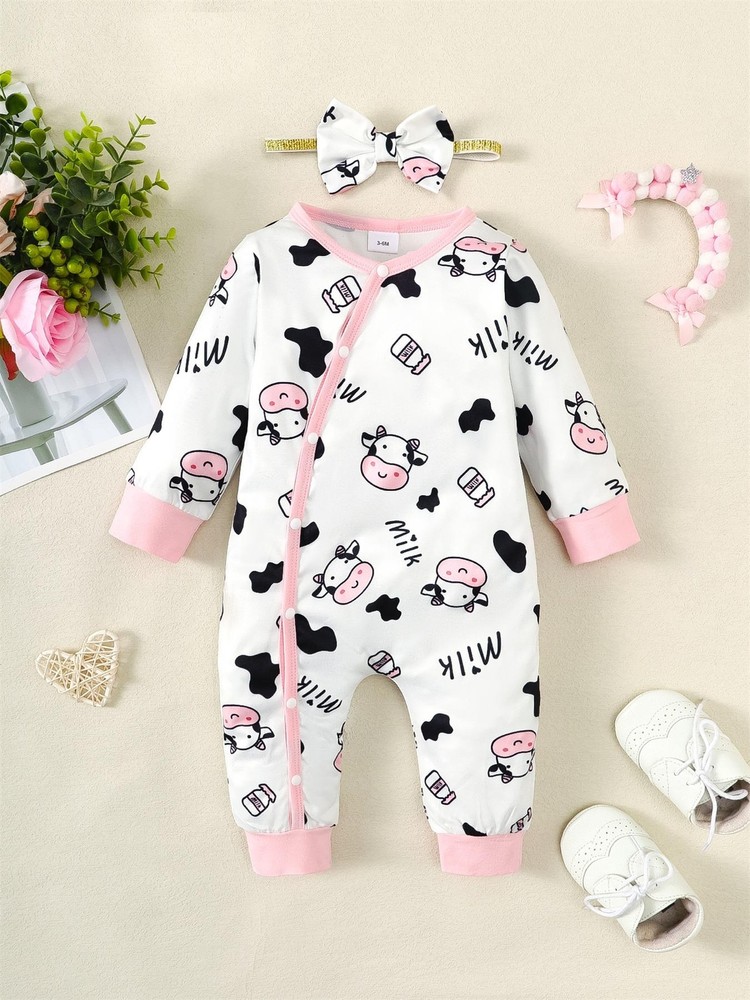 2pcs Newborn Baby Girl Fashion Jumpsuit Cute Cow Long Sleeve Bodysuit+headband