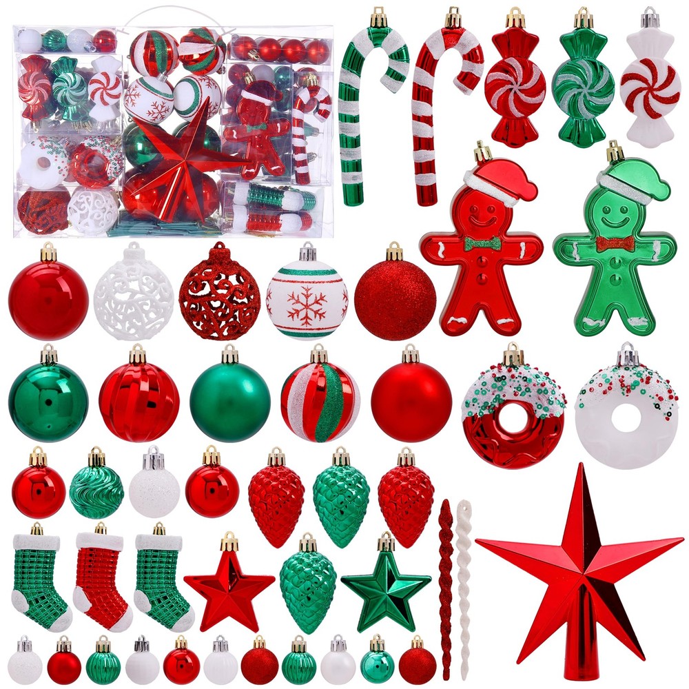 125 Pcs Christmas Tree Ornaments Set, Red Green White Shatterproof Christmas ...