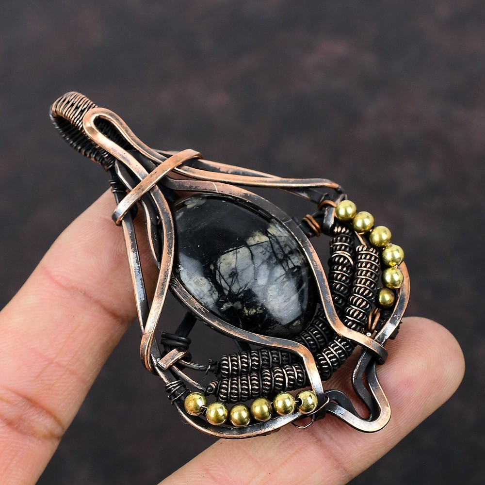 Christmas Sale Copper Oval Picasso Jasper Stone Boho Wire Wrapped Mother Pendant-image