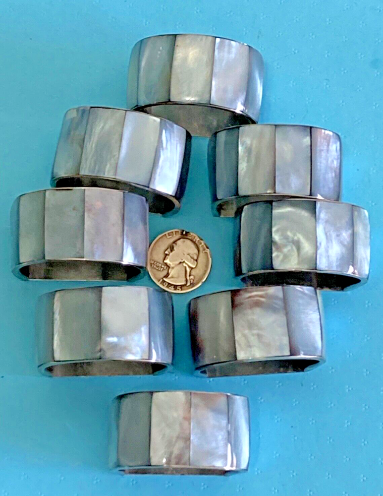 LOT VINTAGE 8 NAPKIN RINGS MOTHER OF PEARL SILVER GRAY MOP REAL SHELL D SHAPE A+