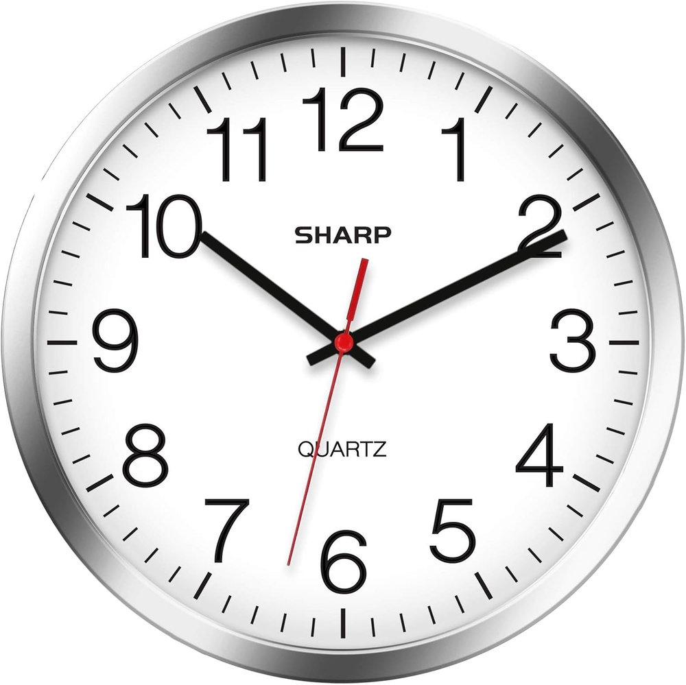 SHARP 12 Inch Silent Non-Ticking Quartz Wall Clock in Sleek Silver Chrome Finish