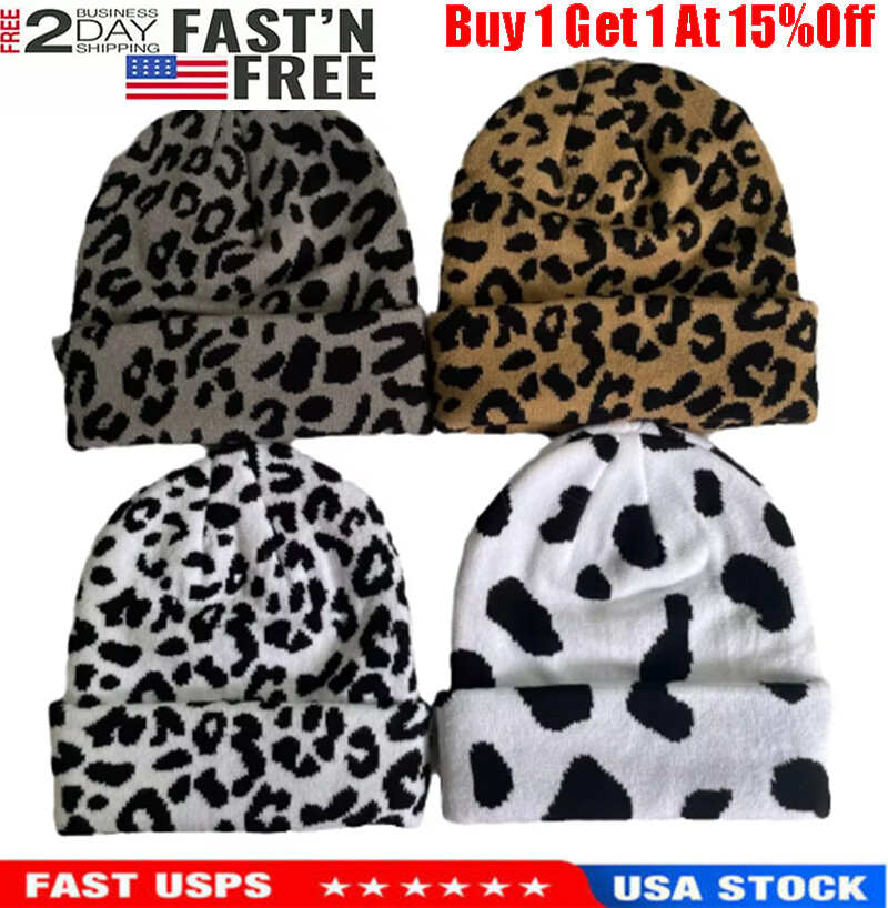 New winter Cow Print Acrylic Watch Beanie Hat Unisex Cap for Men Women