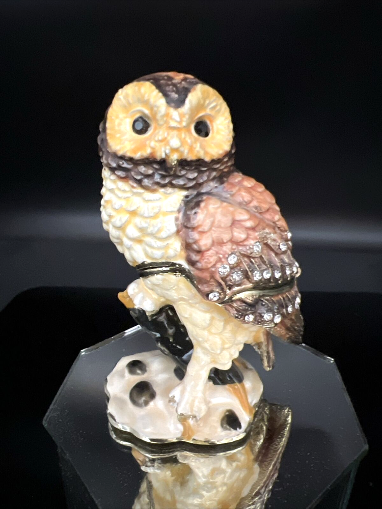 Vintage Enamel Metal Jeweled Owl Trinket Jewelry Box Magnet Closure
