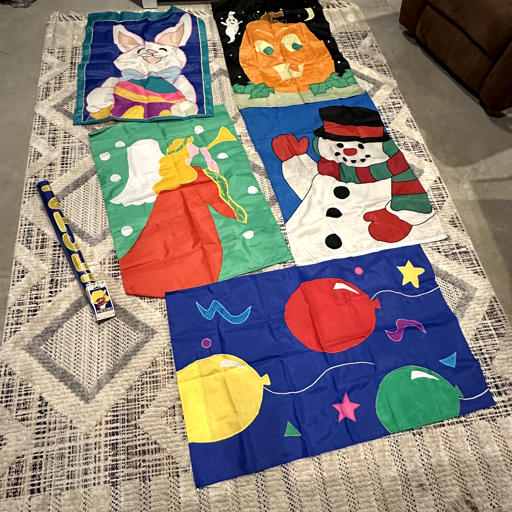 Vintage Lot of 6 Large Seasonal Holiday Indoor Outdoor Yard Banner Flags Decor  -image