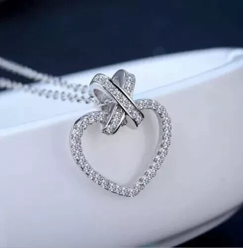 14K White Gold Finish Love Heart Pendant 2 Ct Round Simulated Diamond Womens
