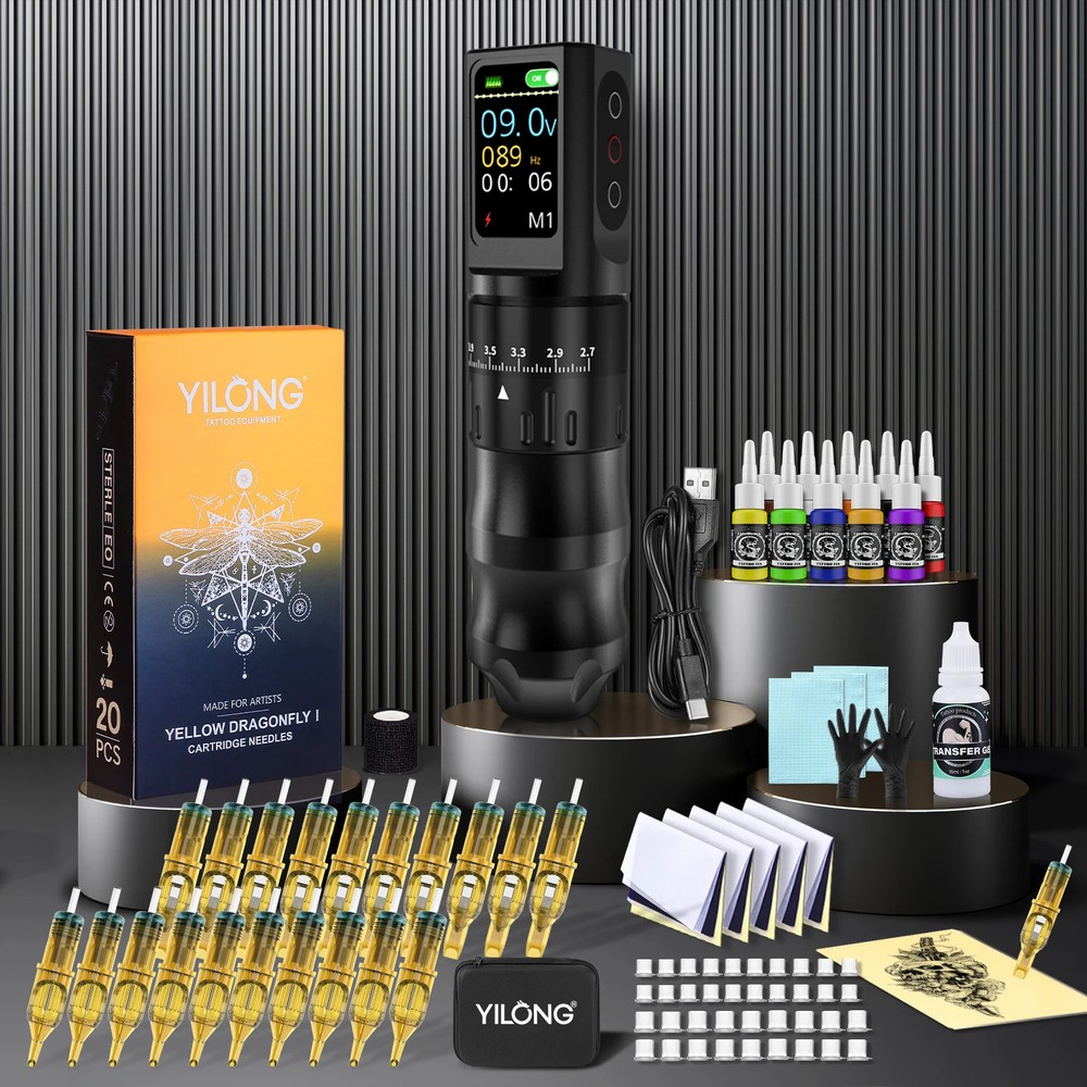 Wireless Rotary Tattoo Pen Kit with 20 Adjustable Stroke Cartridge Needles