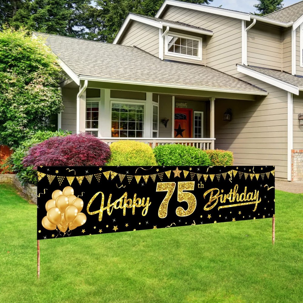 Happy 75th Birthday Banner Decorations for Men Women Black Gold 75 Yard
