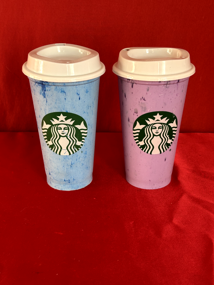 Lot of 2 - Starbucks Reusable Cups w/ Lids Blue Purple 16oz