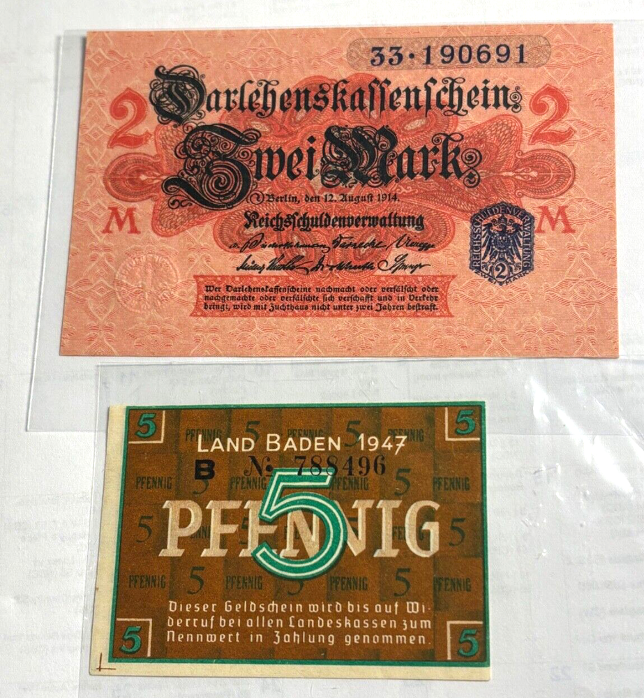 LOT x2 UNC Germany 1914 2 Mark Banknote AND UNC German Baden 1947 5 Pfennig Note