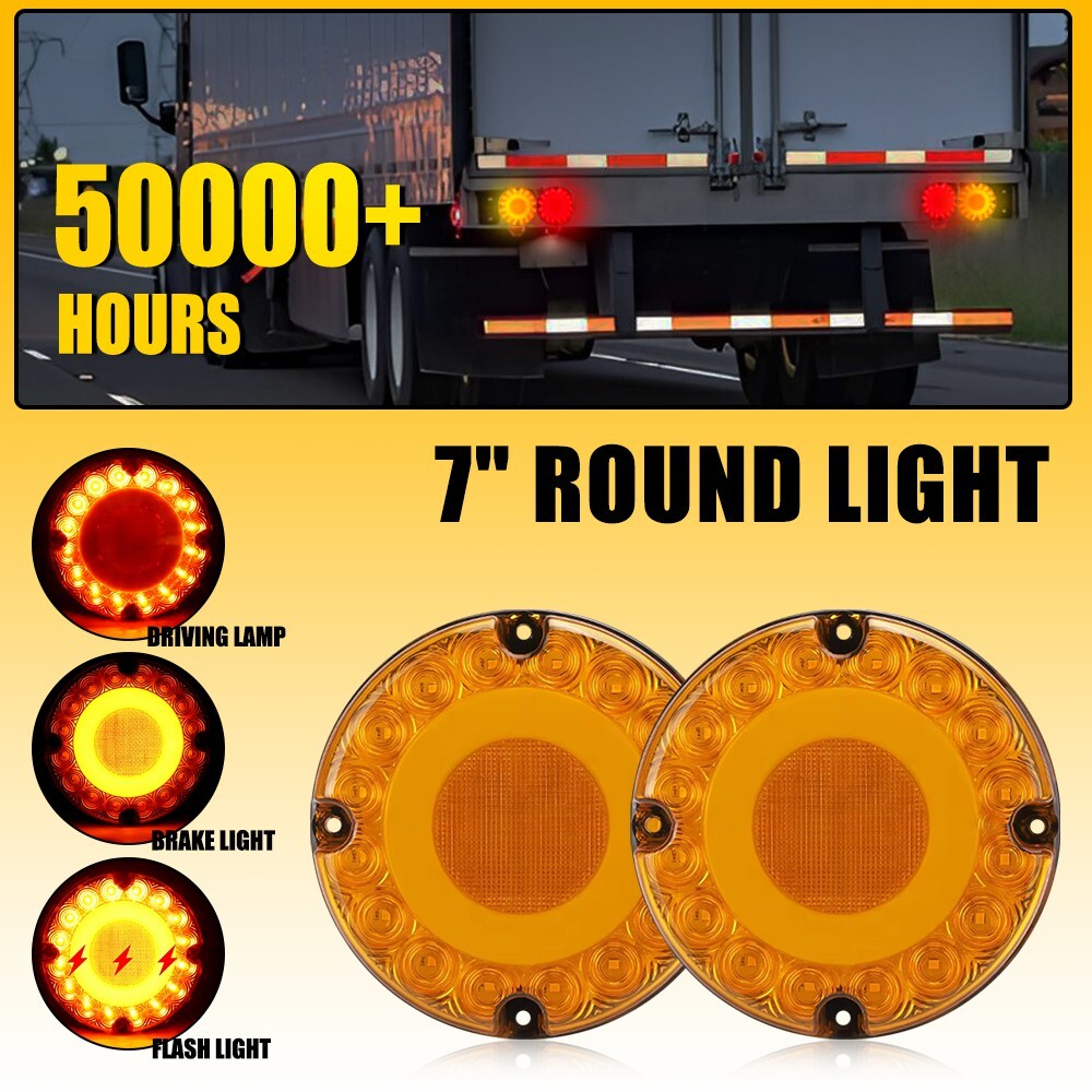 1 Pair Round Yellow LED Truck Trailer Bus Brake Stop Turn Signal Tail Lights