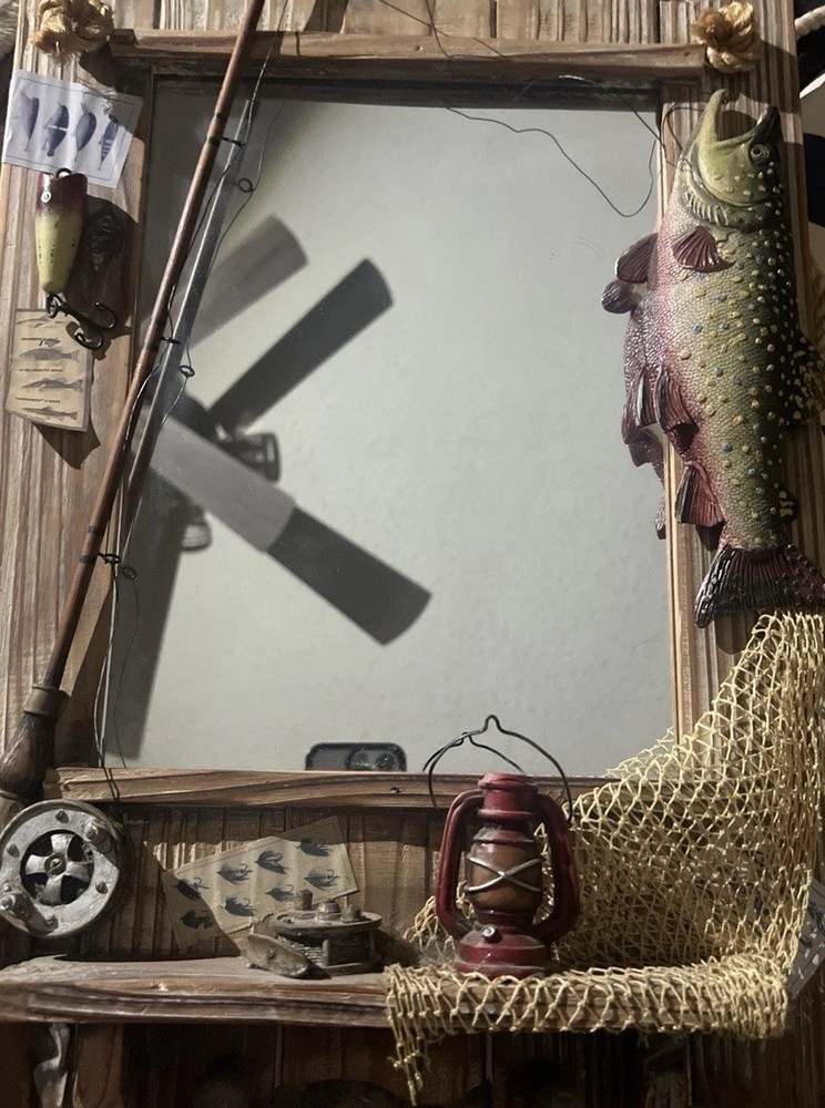 Rustic 2-Hook Coat Rack Mirror Combo Fishing Theme Wall Decor for Home