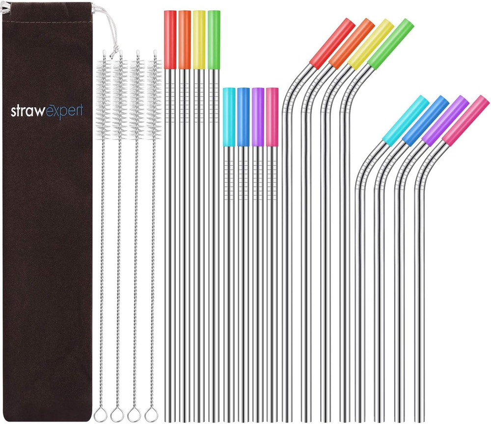 Set of 16 Reusable Stainless Steel Straws with Travel Case Cleaning Brush