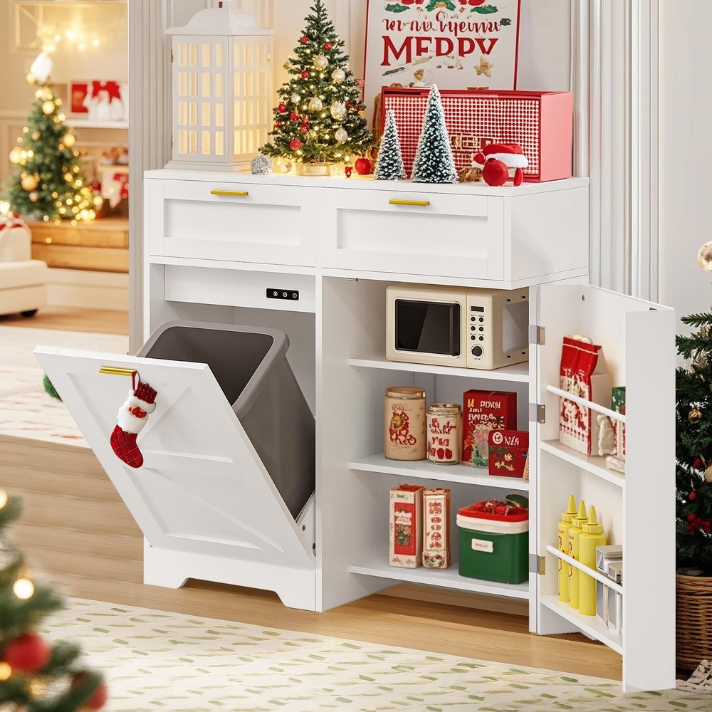 Tilt Out Trash Cabinet, 13 Gallon Cabinet Trash Can with 2 Drawers, Hidden Ga...