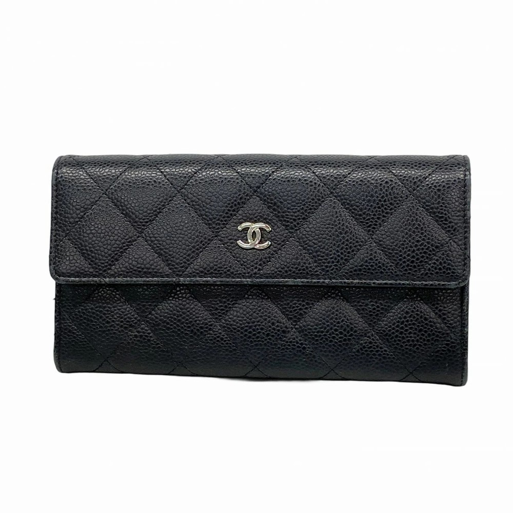 CHANEL Long Wallet Matelasse Caviar Leather Black Silver Hardware Used