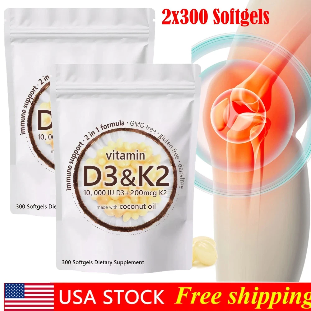 (Pack Of 2) Vitamin D3 10000 iu Plus K2 200 mcg 300 Virgin Coconut Oil Softgels