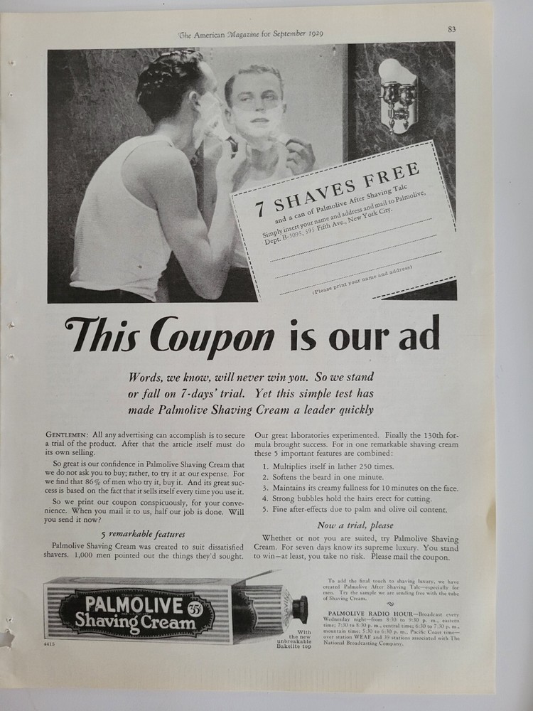 1929 tube Palmolive Shaving Cream man lather mirror Coupon is vintage ad-image
