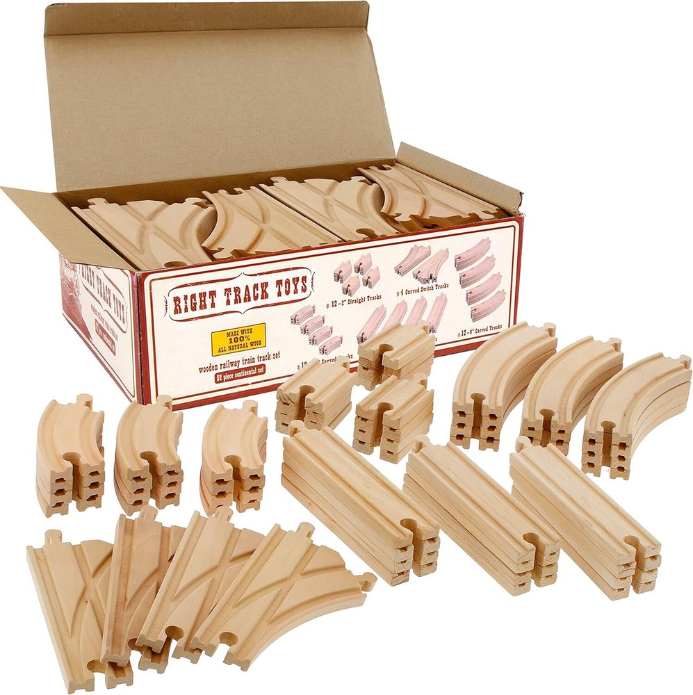 52-piece wooden train track set with 18 feet of expansion and 5 large distinct pieces