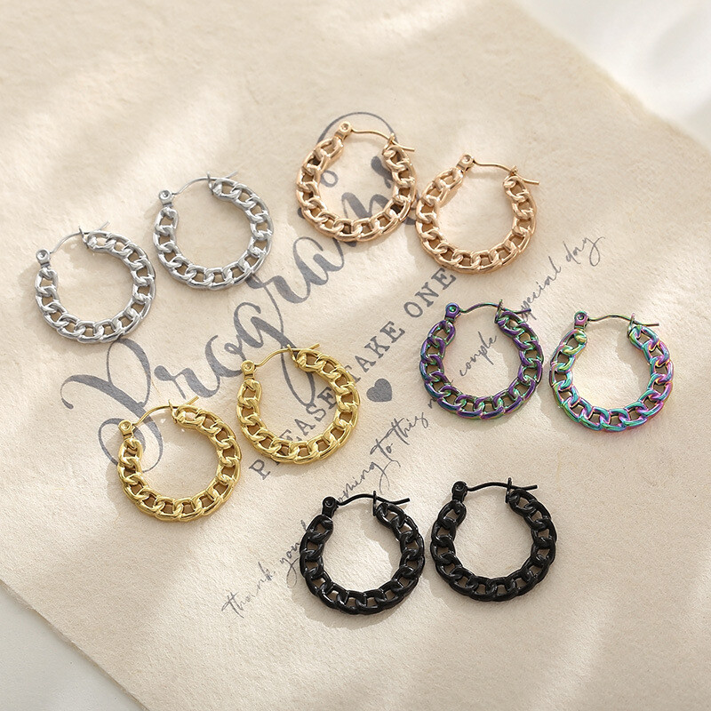 New chain round earrings Titanium steel Cuban chain chain earrings for women