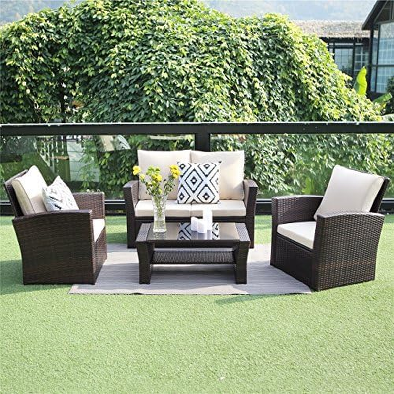 4 Piece Patio Furniture Sets, All-Weather Wicker Conversation Sets, Outdoor Ratt