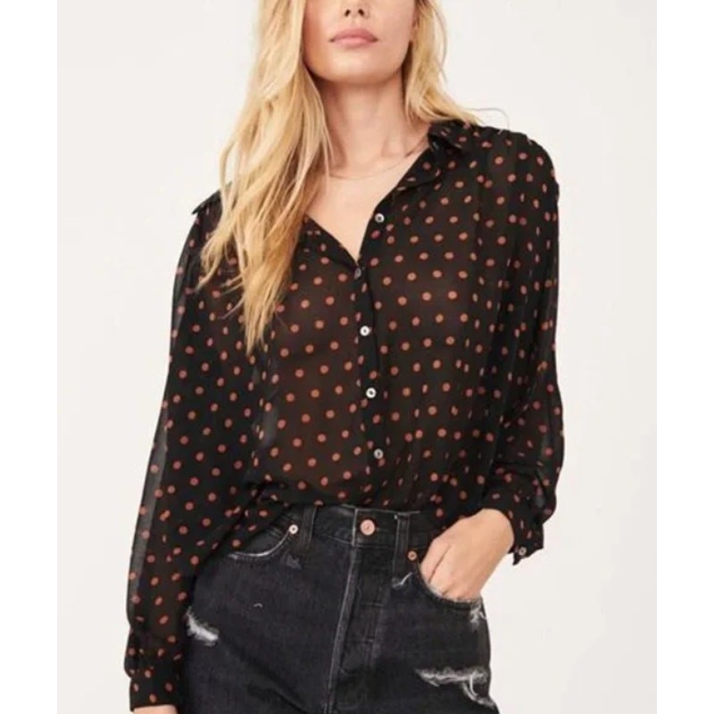 Free People Ciara Black Polka Dot Blouse Lightweight Transparent Women's Small