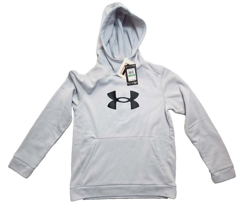 Shirt Hoodie Gray Fleece Big Logo Soft Pocket Boys L By Under Armour MSRP 40.00