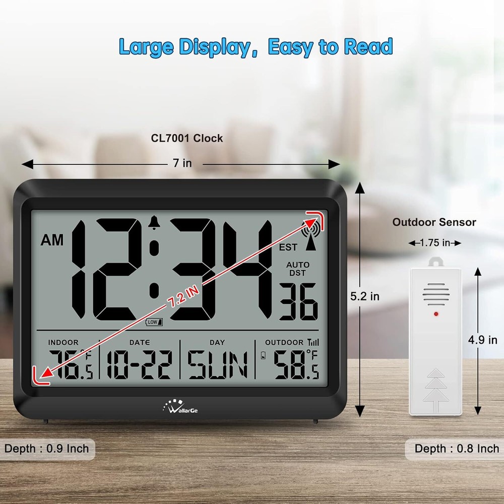 8.5 Inch Atomic Digital Wall Clock with Indoor Outdoor Temperature Battery Powered DST
