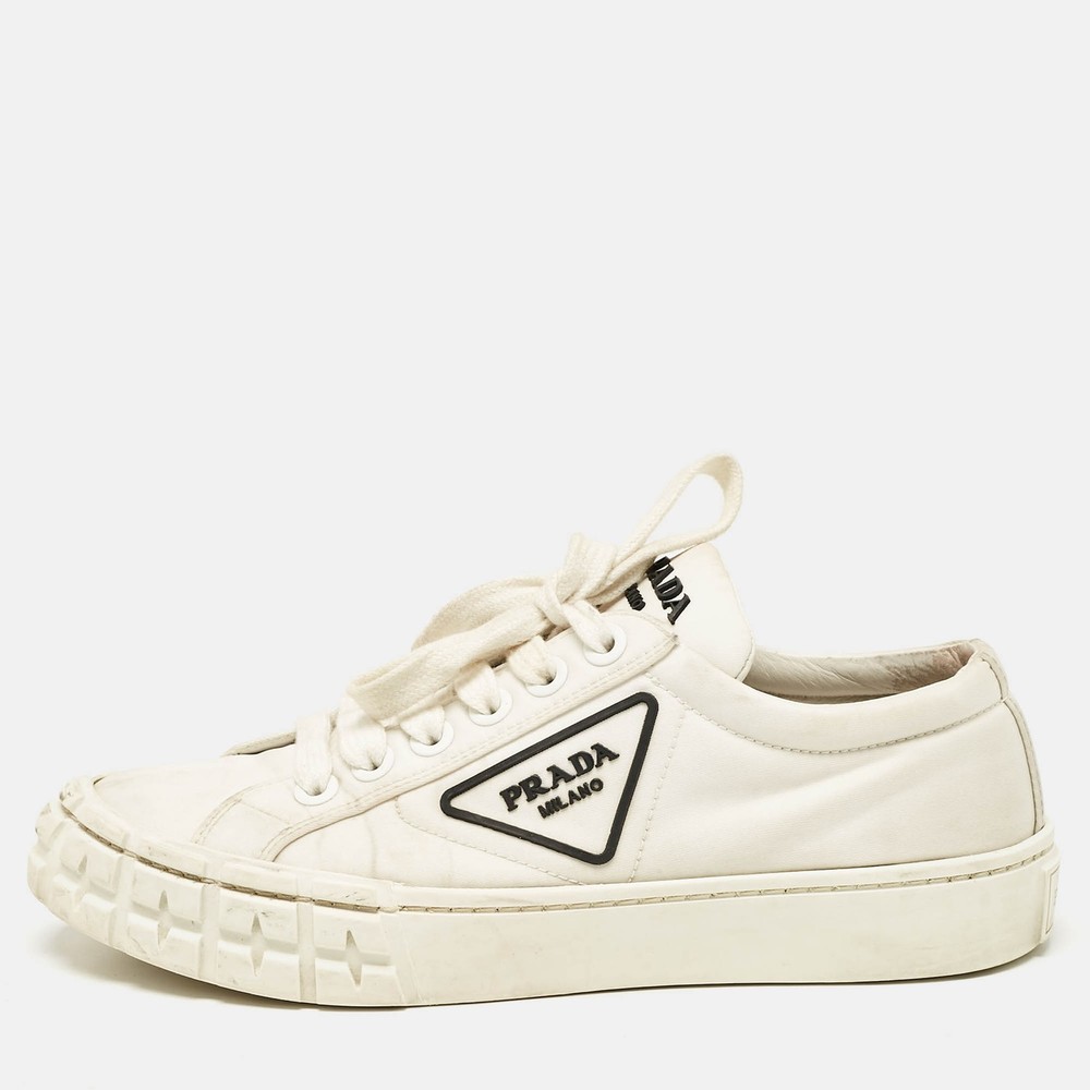 Prada White Canvas Cassetta Lace Up Sneakers in Size 38