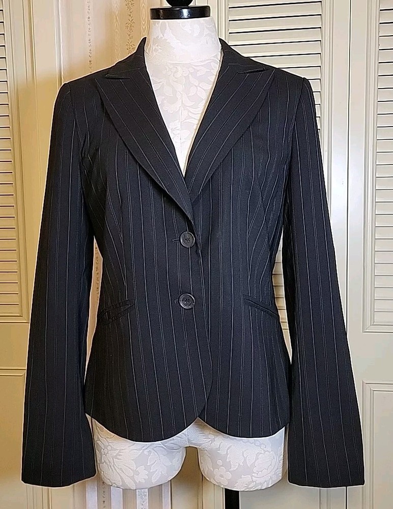 Ann Taylor Fine Italian Fabric Women's Black w/Stripes Blazer Sz 8 ~Wool & Lycra
