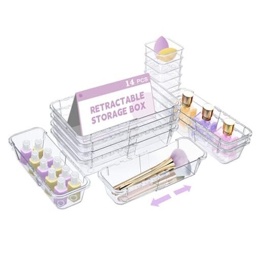 14 Pcs Clear Drawer Organizer,Retractable Drawer Storage Box,3-Size Desk
