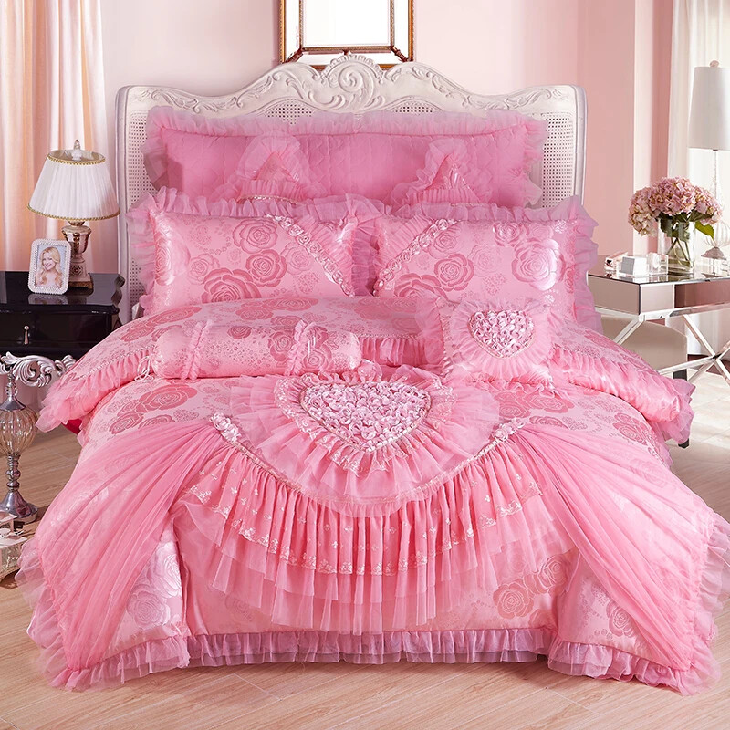 Pink Lace Bedding Set Jacquard Stain Cotton Duvet Cover Bed Sheet Pillowcases