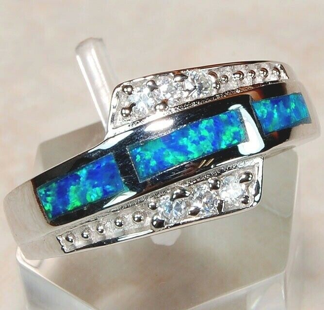 Australian Opal Inlay & Topaz 925 Solid Sterling Silver Ring Jewelry Sz 6 DT3