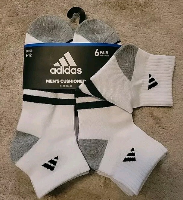 Adidas Men's cushioned 3 stripes Quarter Socks 6 Pair White/Black/Gray Size 6-12