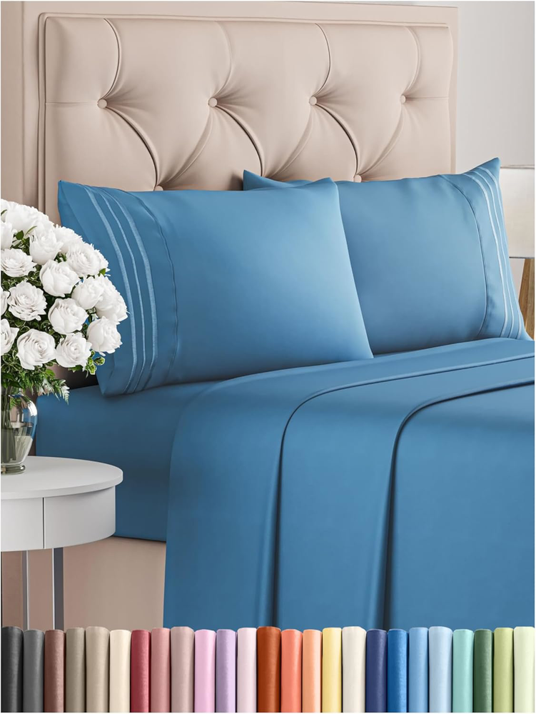 Cal King 4-Piece Cooling Sheet Set – Ultra-Soft Wrinkle-Free Bedding in Denim Blue for Maximum Comfort and Breathability