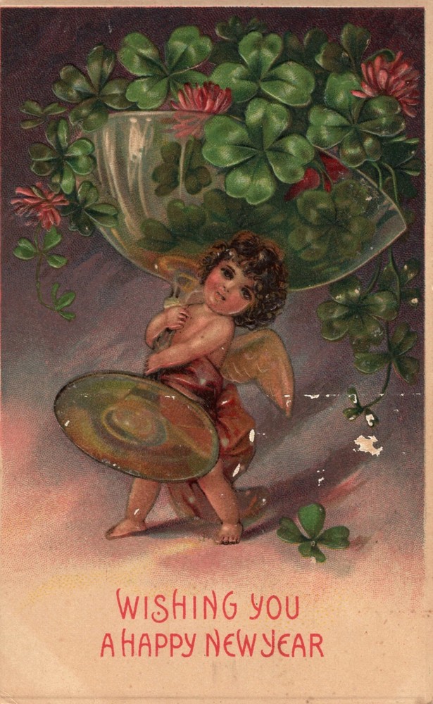 Happy New Year Angel Baby Holiday Big Champagne Glass Vintage 1907 Postcard-image