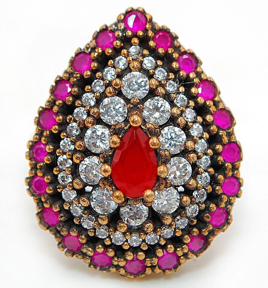 4CT Fire Garnet & Topaz Ottoman Empire Style 925 Silver Ring Sz 7