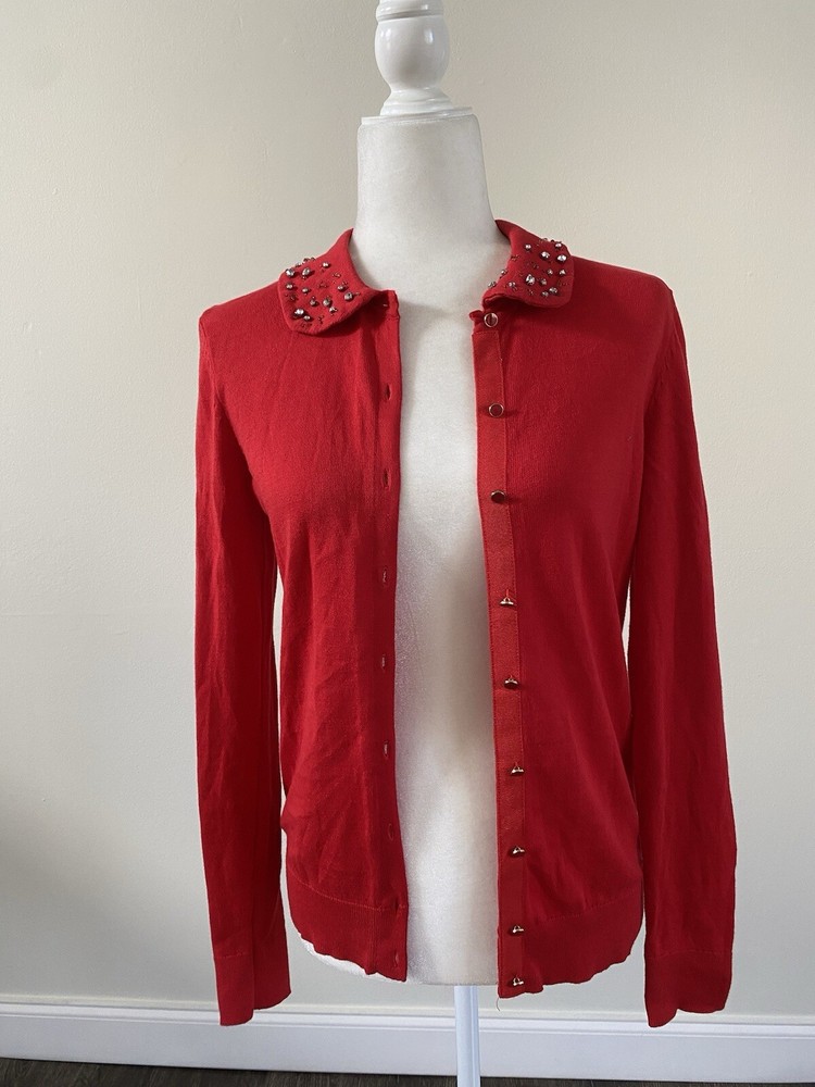 Tommy Hilfiger Womens Cardigan Knit Sweater Red LS Embellishment Sz XS