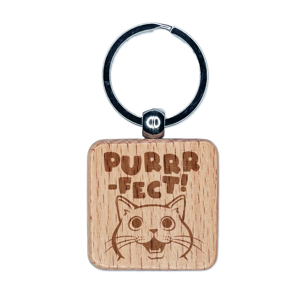 Purrrfect Perfect Cat Engraved Wood Square Keychain Tag Charm