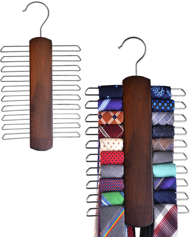 2 Pack Premium Wooden Necktie and Belt Hanger, Walnut Wood Center Organizer and