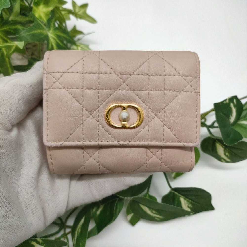 Dior Jolly Tri-Fold Wallet Hibiscus Pink Coin Purse Used